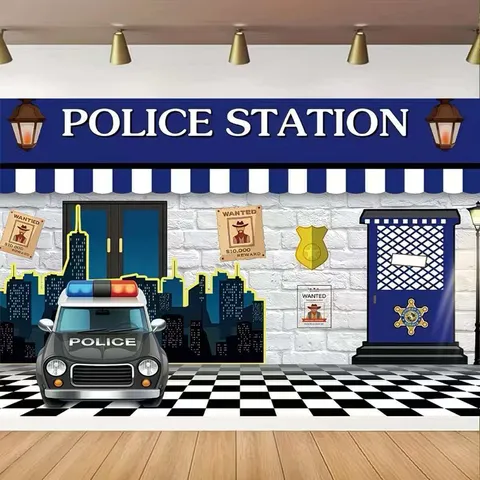 Cartoon Police Station Theme Photography Backdrop Polyester Police Car Print Kids Birthday Party Decoration Photo Background Cloth