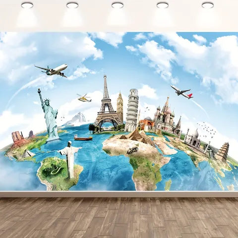 World Travel Theme Photography Backdrop Global Landmarks Earth Map Background For Birthday Party Decoration Adventure Tapestry