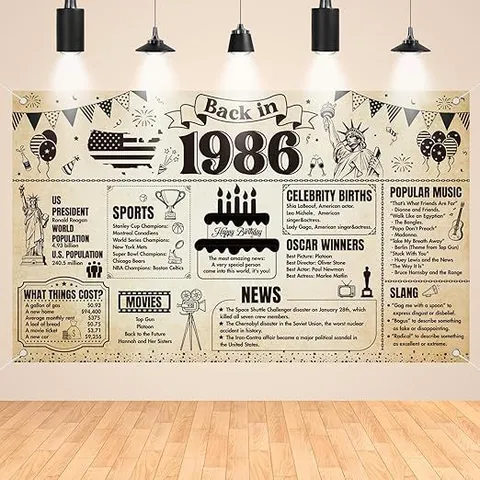 Toile de Fond Anniversaire Rétro Back In 1986 Imprimé Journal Vintage Fond de Photographie Bannière Décoration Anniversaire