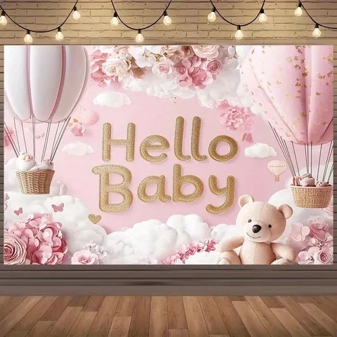 Pink Baby Shower Photography Backdrop Hot Air Balloon Bear Printed Hello Baby Party Decoration Pongee Studio Props Tapestry