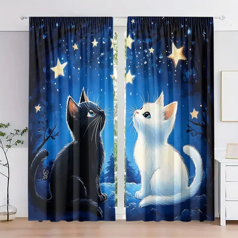 Tende Oscuranti Tema Gatto Carino Cielo Stellato Per Camera Da Letto Soggiorno Stampa Animale Cartone Animato Poliestere Set Tende
