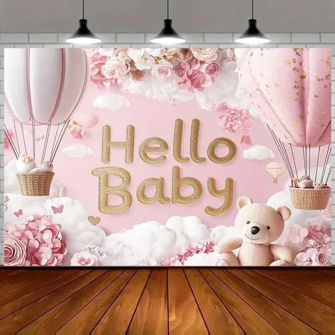 Pink Baby Shower Photography Backdrop Hot Air Balloon Bear Printed Hello Baby Party Decoration Pongee Studio Props Tapestry