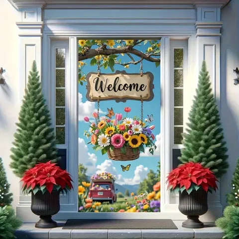 Kolibrie Bloemen Lente Deurafdekking Welkom Banner Polyester Stof Hangende Tapijt Voor Huis Veranda Feest Decoratie