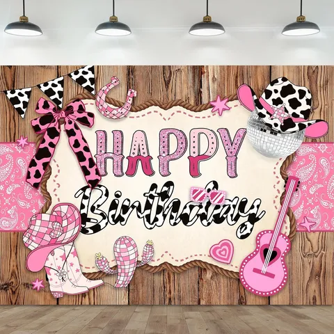 Sfondo Fotografico a Tema Cowboy Occidentale Vintage Rosa Blu Stampa Muccata Sfera da Discoteca Bambini Festa di Compleanno Banner Decorazione
