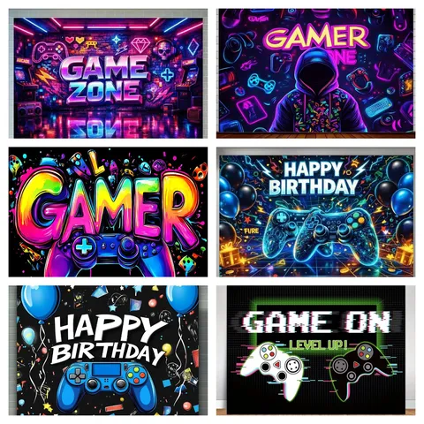Υπόβαθρο Φωτογραφίας με Θέμα Gamer Neon Game Zone Τυπωμένη Πολυεστερική Ταπισερί για Διακόσμηση Παιδικού Πάρτι Γενεθλίων Δωμάτιο Παιχνιδιών