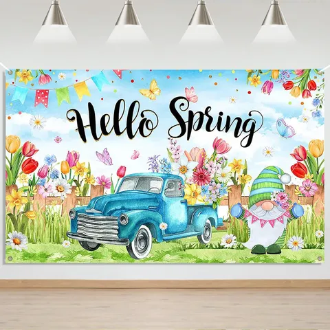 Hello Spring Photography Backdrop Floral Truck Gnome Pattern Pongee Fabric Wall Hanging Tapestry Spring Party Photo Background