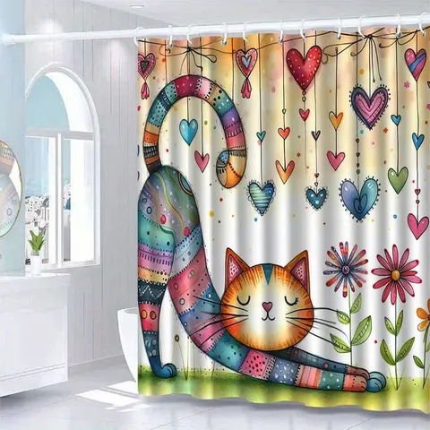 Cartoon Colorful Cat Heart Print Shower Curtain Waterproof Polyester Fabric Bathroom Decor Curtain With Hooks For Tub Washroom