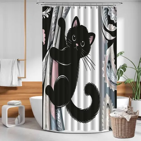 Cartoon Black Cat Shower Curtain Waterproof Polyester Bathroom Curtain With 12 Hooks Paisley Floral Pattern Home Decor Partition Screen