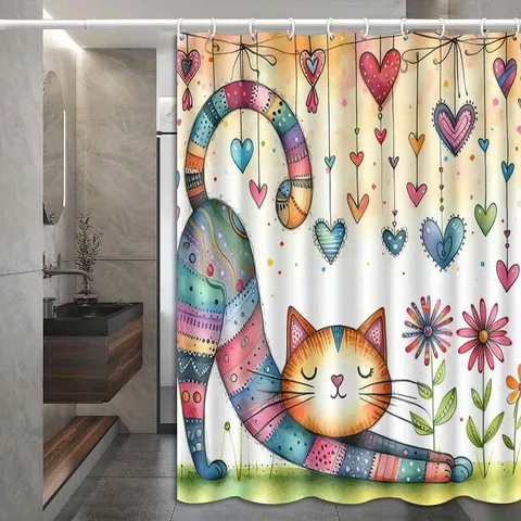 Cartoon Colorful Cat Heart Print Shower Curtain Waterproof Polyester Fabric Bathroom Decor Curtain With Hooks For Tub Washroom