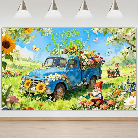 Hello Spring Photography Backdrop Floral Truck Gnome Pattern Pongee Fabric Wall Hanging Tapestry Spring Party Photo Background