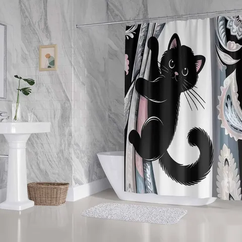 Cartoon Black Cat Shower Curtain Waterproof Polyester Bathroom Curtain With 12 Hooks Paisley Floral Pattern Home Decor Partition Screen