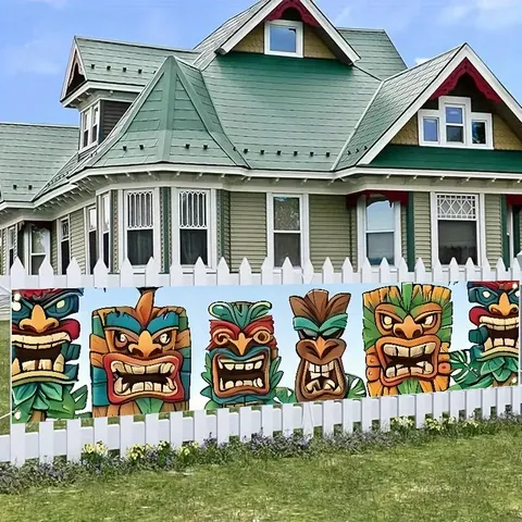 Hawaiian Tiki Mask Party Decoration Banner Tropical Beach Tiki Totem Backdrop For Outdoor Garden Yard Fence Wall Decor Pongee Fabric Printed Banner