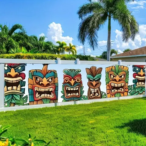 Hawaiian Tiki Mask Party Decoration Banner Tropical Beach Tiki Totem Backdrop For Outdoor Garden Yard Fence Wall Decor Pongee Fabric Printed Banner