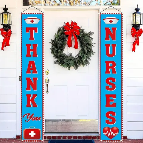 Thank You Nurses Porch Banner Red Blue Contrast Nurses Day Outdoor Door Sign Hanging Couplet Flag Set For Home Party Decoration