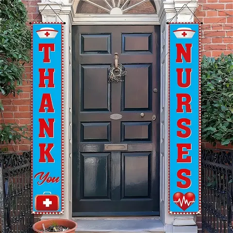Thank You Nurses Porch Banner Red Blue Contrast Nurses Day Outdoor Door Sign Hanging Couplet Flag Set For Home Party Decoration