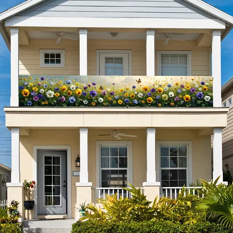 Floral Butterfly Print Garden Banner Outdoor Yard Fence Decoration Spring Pastoral Polyester Horizontal Banner