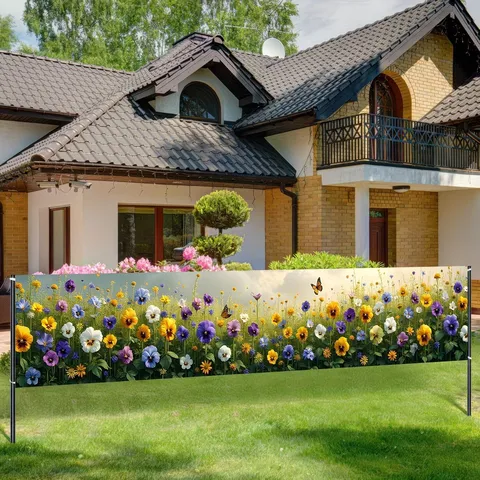 Floral Butterfly Print Garden Banner Outdoor Yard Fence Decoration Spring Pastoral Polyester Horizontal Banner