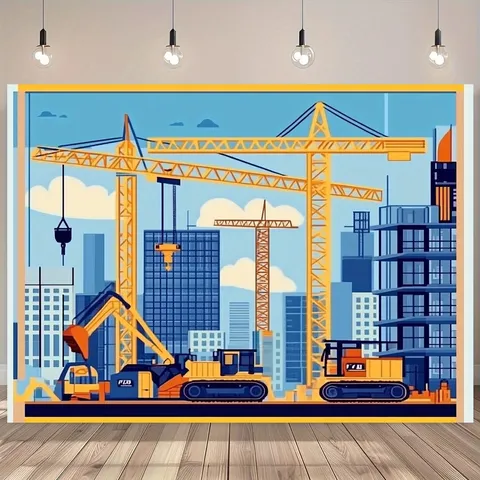 Sfondo Fotografico di Cantiere Edile del Fumetto In Poliestere Bandiera del Camion Ribaltabile dell'Escavatore Sfondo della Decorazione della Festa di Compleanno dei Bambini