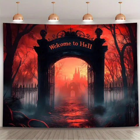 Gothic Horror Photography Backdrop Red Black Arch Door Welcome to Hell Halloween Party Decoration Photography Background Tapestry Banner