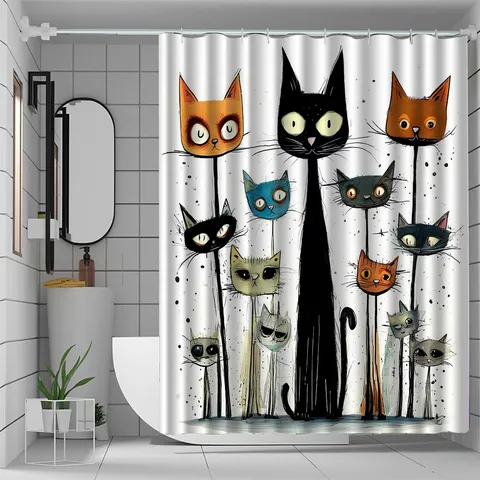 Artistic Cartoon Cat Shower Curtain Polyester Waterproof Fabric Bathroom Partition Curtain Abstract Animal Print Decor With Hooks For Bathroom