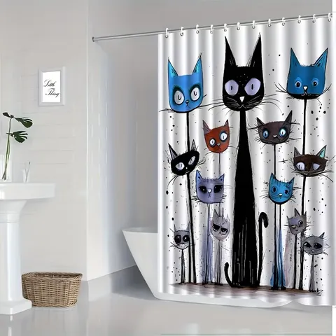 Artistic Cartoon Cat Shower Curtain Polyester Waterproof Fabric Bathroom Partition Curtain Abstract Animal Print Decor With Hooks For Bathroom