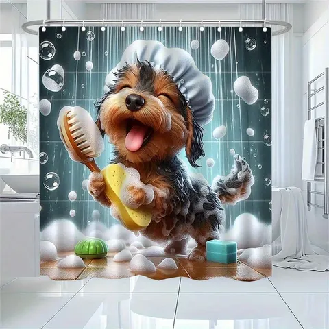 Cortina de Ducha Impermeable Dibujos Animados Perro Bañándose Estampado Poliéster Decoración de Baño Con 12 Ganchos Niños