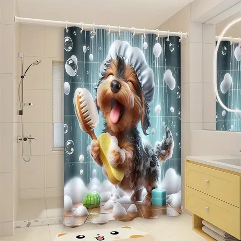 Cortina de Ducha Impermeable Dibujos Animados Perro Bañándose Estampado Poliéster Decoración de Baño Con 12 Ganchos Niños