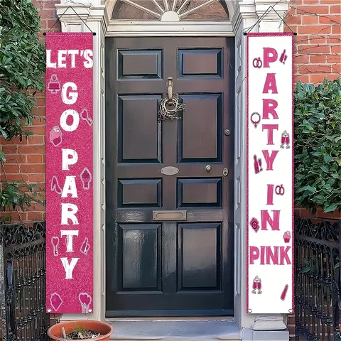 Pink Girl Party Porch Banner Set Lets Go Party Banner Party In Pink Porch Sign Bachelorette Party Birthday Photo Props
