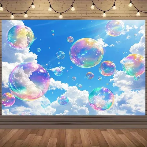 Dreamy Sky Rainbow Bubble Photography Backdrop Cloth Polyester Sky Clouds Background For Party Birthday Indoor Outdoor Decoration