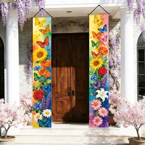 Watercolor Rainbow Butterfly Floral Porch Banner Pair Pongee Polyester Vertical Garden Entrance Door Hanging Spring Yard Decor