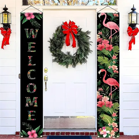 Tropical Flamingo Welcome Porch Banner Set Waterproof Polyester Hanging Door Sign For Outdoor Garden Yard Party Home Decor