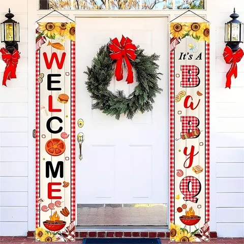 BBQ Themed Baby Shower Porch Banner Welcome It's A Baby-Q Door Decoration Red White Gingham Sunflower Decorative Banner For Outdoor Party