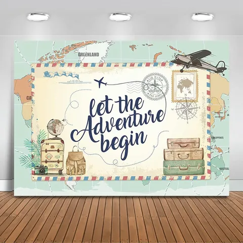 Fondo Fotográfico de Tema Viaje Aventura de Dibujos Animados Tapiz Retro de Mapa del Mundo para Decoración de Fiesta de Baby Shower