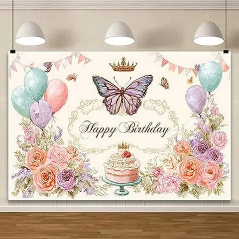 Fondo de Fotografía de Cumpleaños Floral Acuarela Retro Elementos Mariposa Pastel Decoración de Fiesta de Cumpleaños