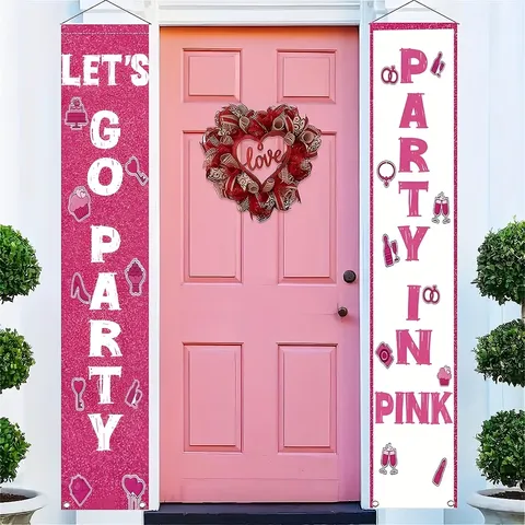 Pink Girl Party Porch Banner Set Lets Go Party Banner Party In Pink Porch Sign Bachelorette Party Birthday Photo Props