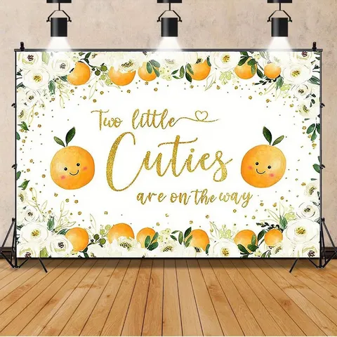Fond de Photographie de Baby Shower Jumeaux Orange Aquarelle en Polyester pour Décoration de Fête Two Little Cuties