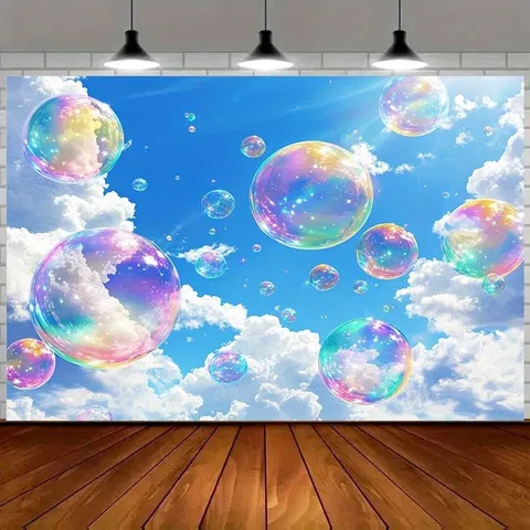 Dreamy Sky Rainbow Bubble Photography Backdrop Cloth Polyester Sky Clouds Background For Party Birthday Indoor Outdoor Decoration