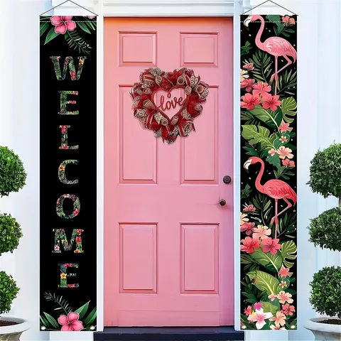 Tropical Flamingo Welcome Porch Banner Set Waterproof Polyester Hanging Door Sign For Outdoor Garden Yard Party Home Decor