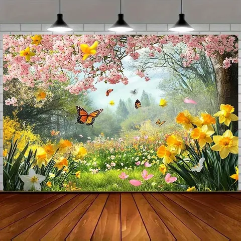 Fondo de Fotografía Floral de Jardín de Primavera Paisaje Pastoral Flores Árbol Hierba Verde Decoración de Estudio Fiesta Tapiz