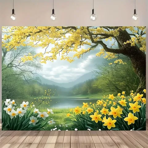 Fondo de Fotografía Floral de Jardín de Primavera Paisaje Pastoral Flores Árbol Hierba Verde Decoración de Estudio Fiesta Tapiz