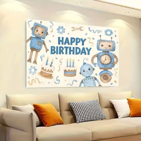 Cartoon Roboter Thema Geburtstag Party Fotografie Hintergrund Mechanisches Zahnrad Bedruckt Polyester Wandteppich Deko