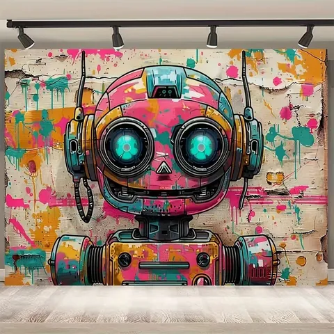 Graffiti Robot Theme Photography Background Cloth Street Art Elements Kids Party Decoration Digital Printed Pongee Wall Tapestry