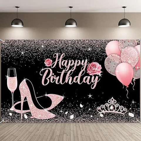 Sfondo Fotografico Happy Birthday Glitter Rosa per Ragazze Oro Rosa Tacchi Alti Corona Rose Decorazione Festa Compleanno