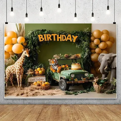 Sfondo di Compleanno Tema Safari Animali della Giungla Poliestere Foresta Fauna Selvatica Bambini Festa di Compleanno Banner Fotografico