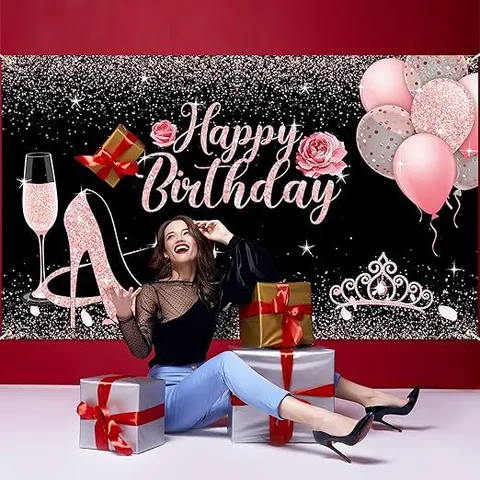 Sfondo Fotografico Happy Birthday Glitter Rosa per Ragazze Oro Rosa Tacchi Alti Corona Rose Decorazione Festa Compleanno