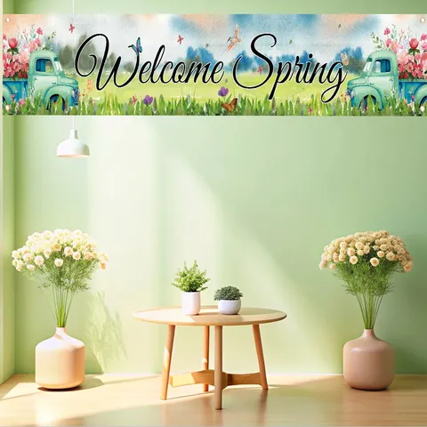 Watercolor Spring Retro Truck Garden Banner Outdoor Welcome Spring Floral Butterfly Pattern Polyester Decorative Yard Flag