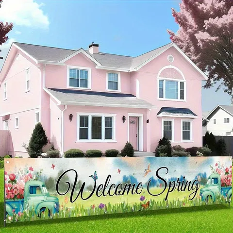 Watercolor Spring Retro Truck Garden Banner Outdoor Welcome Spring Floral Butterfly Pattern Polyester Decorative Yard Flag