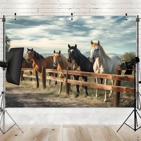 Vintage Western Ranch Paard Fotografie Achtergrond Polyester Boerderij Thema Feest Decor Realistisch Hengst Landschap Achtergrond Voor Fotostudio Thuis Decoratie