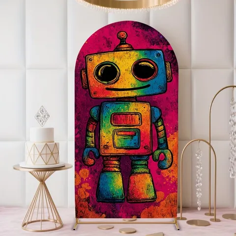 Arched Backdrop Rainbow Robot Doodle Style Party Decoration Arched Cover For Kids Birthday Event Background Prop