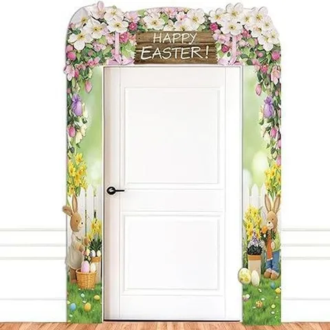 Easter Porch Banner Decoration Set Happy Easter Rabbit Egg Floral Print Polyester Door Hanging Flag For Holiday Party Home Outdoor Decor